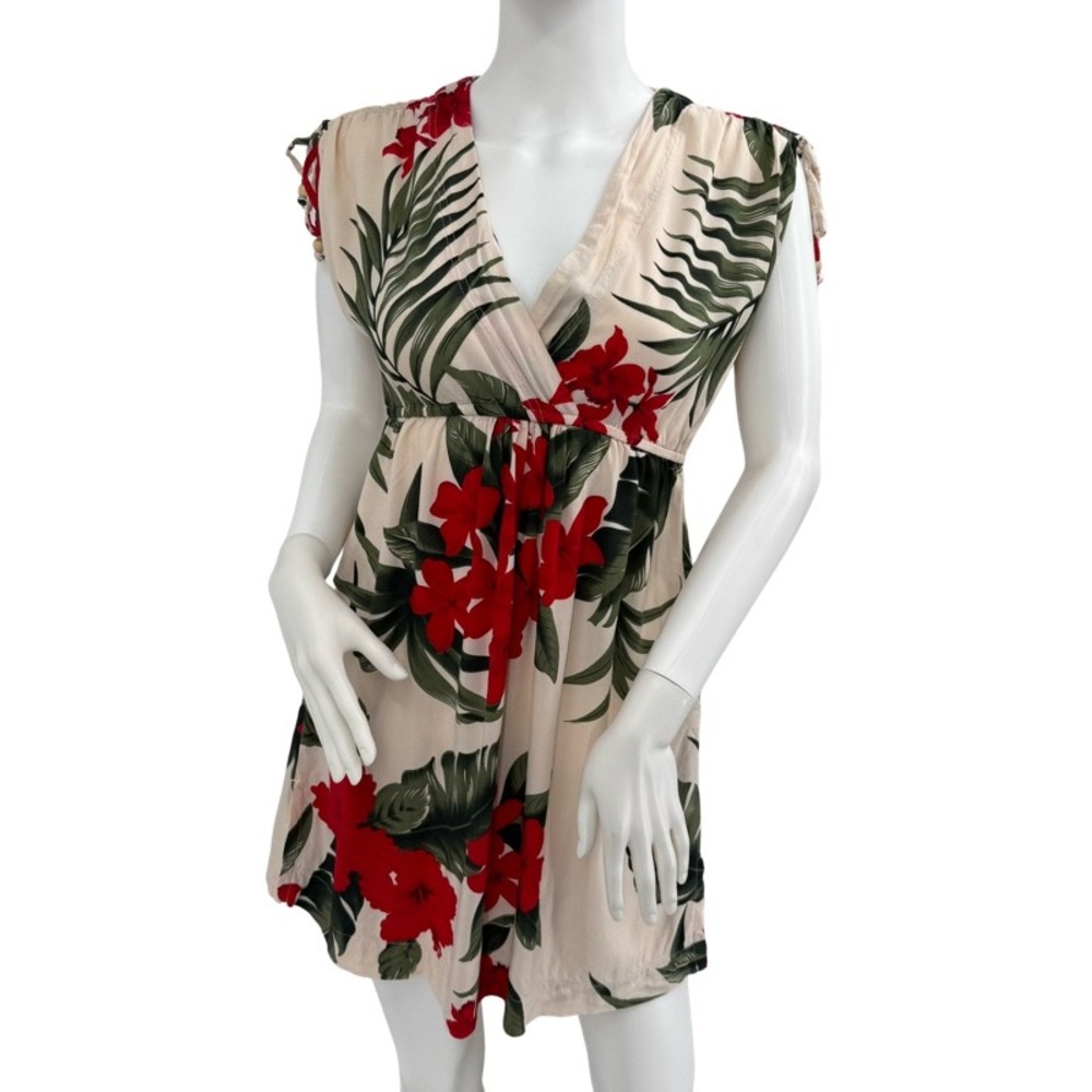 FAVANT Women Small Mini Dress Cream Red Tropical‎ Hibiscus Empire Waist Vacation